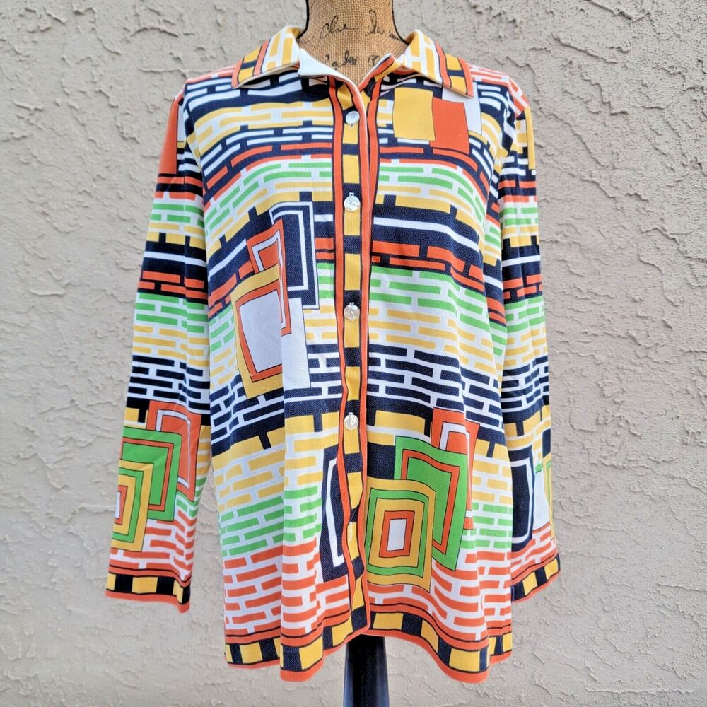 Vintage Polyester Top, Bright Geometric Rectangle Print, Green Orange Brown